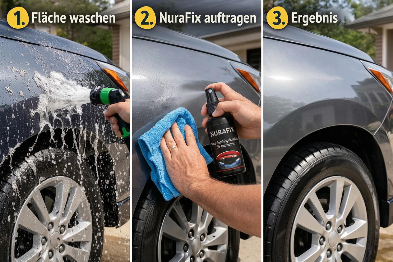 3-Schritt-Anleitung: Fläche waschen, Nurafix Energetic Tide auftragen, Ergebnis